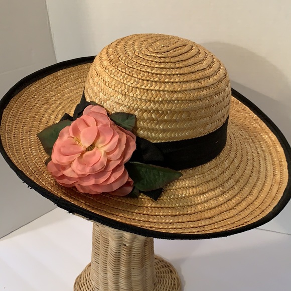 VINTAGE HAT TIGHT STRIP STRAW /w BLACK RIBBON BAND/EDGING PINK SILK FLOWER main image 8